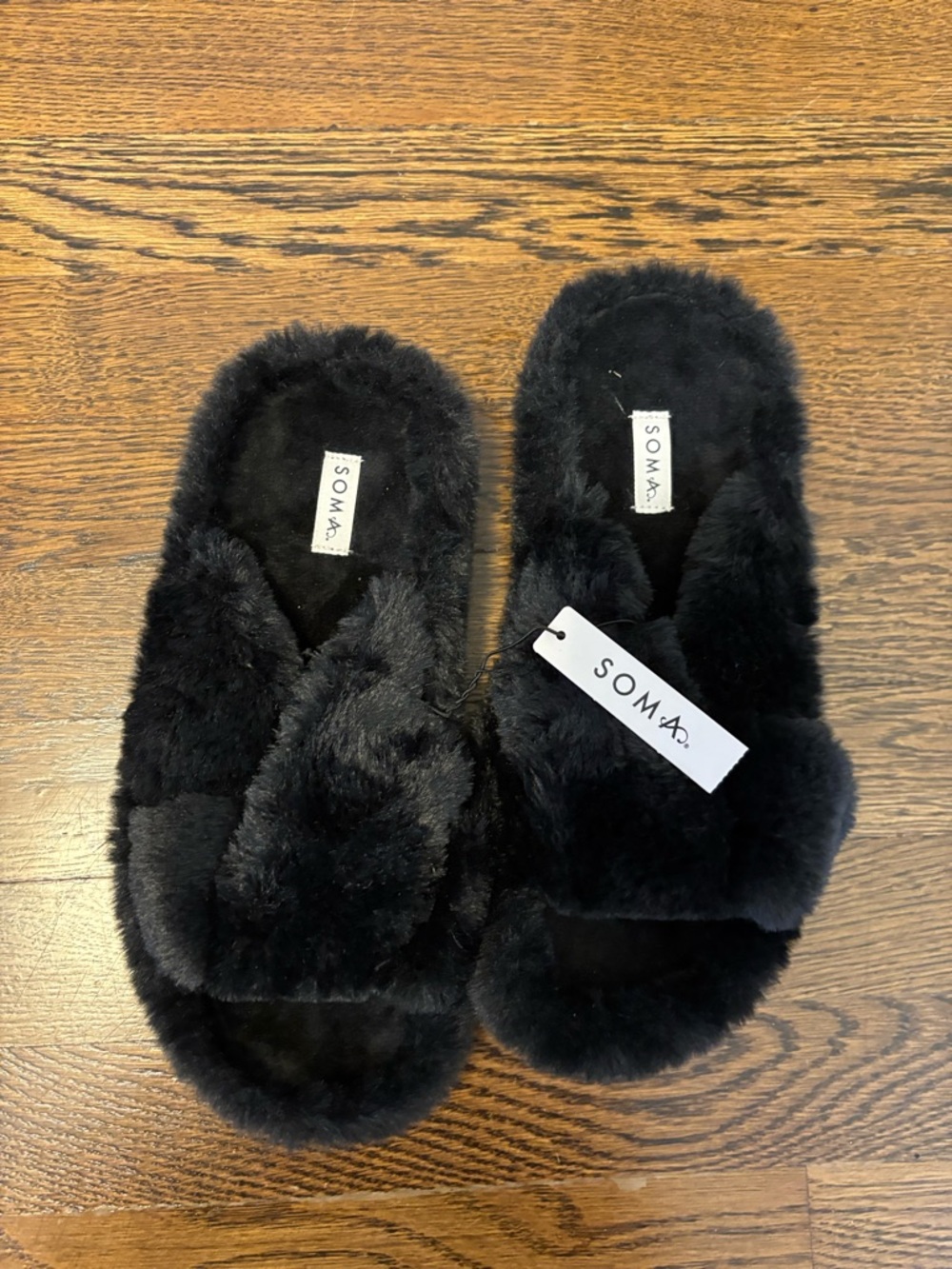Soma Plush Faux Fur Crossband Slippers Black Size Large NWT
